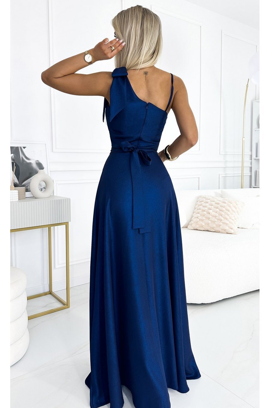 Rochie eleganta lunga, din brocard, bleumarin navy, cu un umar gol, Heather 2 - jojofashion.ro