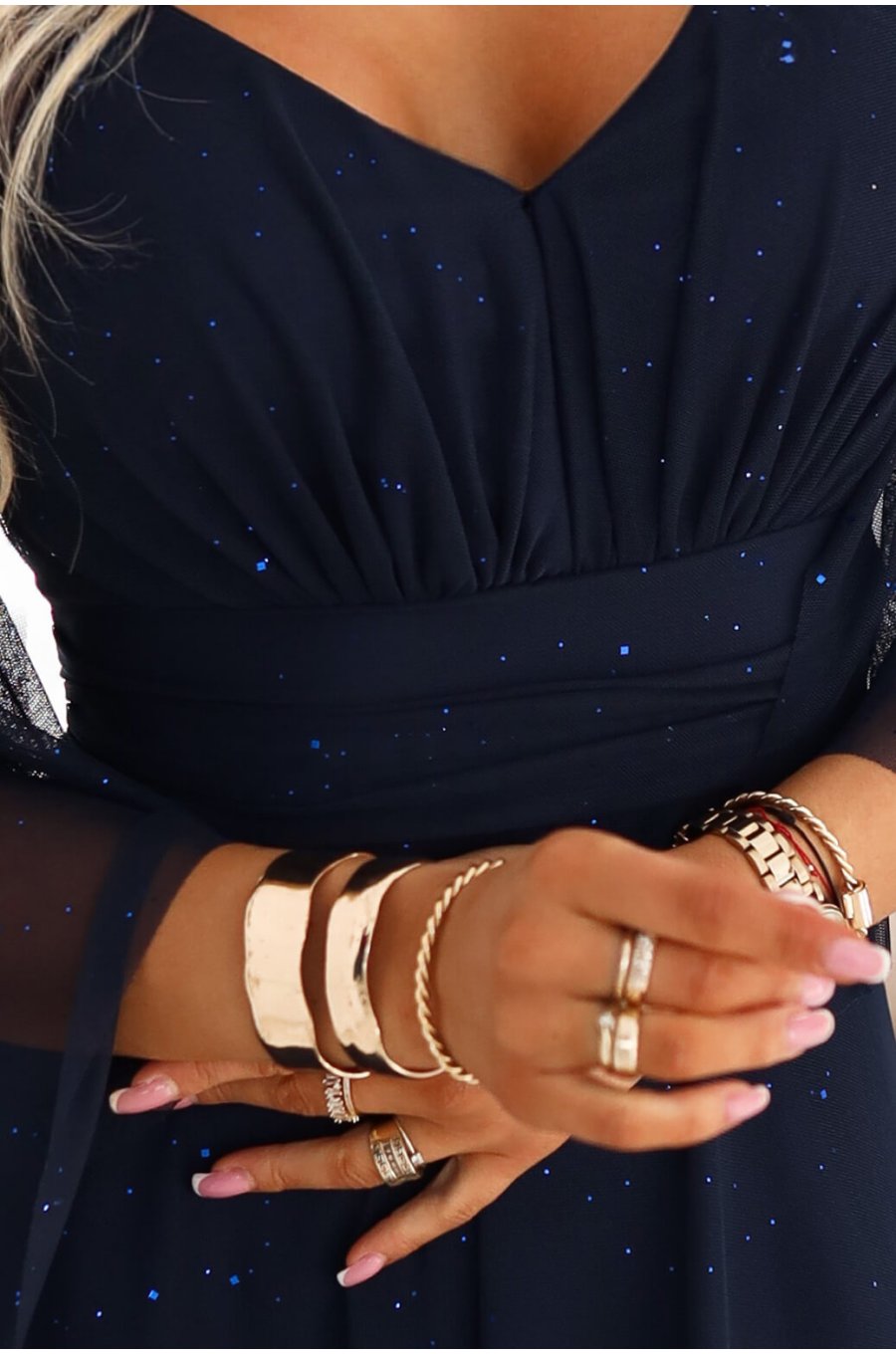 Rochie eleganta lunga din brocard bleumarin navy vaporoasa cu maneca lunga SheenyN 5 - jojofashion.ro