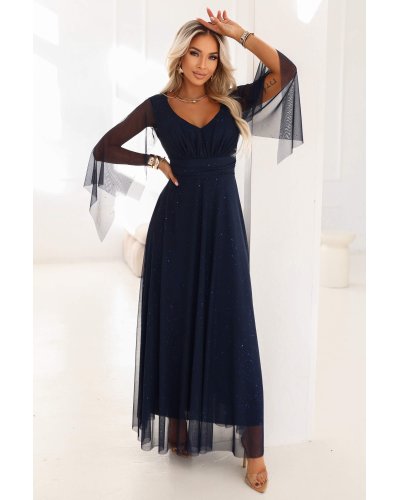 Rochii de Ocazie Elegante, Rochie eleganta lunga din brocard bleumarin navy vaporoasa cu maneca lunga SheenyN - jojofashion.ro