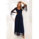 Rochie eleganta lunga din brocard bleumarin navy vaporoasa cu maneca lunga SheenyN 2 - jojofashion.ro