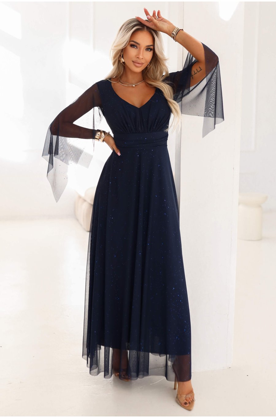 Rochie eleganta lunga din brocard bleumarin navy vaporoasa cu maneca lunga SheenyN 1 - jojofashion.ro