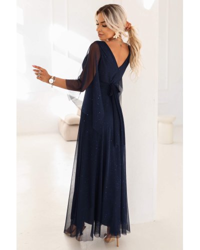 Rochii de Ocazie Elegante, Rochie eleganta lunga din brocard bleumarin navy vaporoasa cu maneca lunga SheenyN - jojofashion.ro