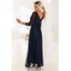 Rochie eleganta lunga din brocard bleumarin navy vaporoasa cu maneca lunga SheenyN 3 - jojofashion.ro