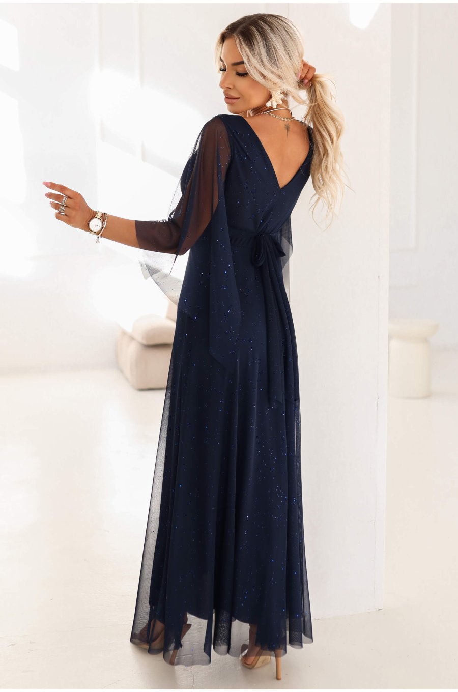 Rochie eleganta lunga din brocard bleumarin navy vaporoasa cu maneca lunga SheenyN 2 - jojofashion.ro