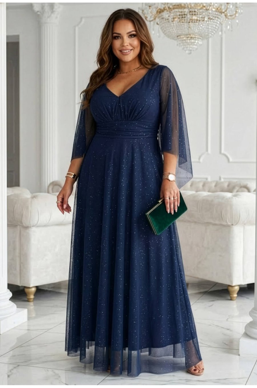 Rochie eleganta lunga din brocard bleumarin navy vaporoasa cu maneca lunga SheenyN 4 - jojofashion.ro