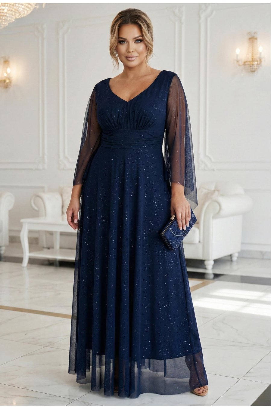 Rochie eleganta lunga din brocard bleumarin navy vaporoasa cu maneca lunga SheenyN 3 - jojofashion.ro