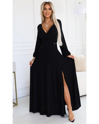 Rochie lunga neagra din brocard cu maneca lunga Roselia Rochii lungi, Rochie lunga neagra din brocard cu maneca lunga Roselia - jojofashion.ro