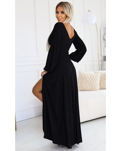Rochie lunga neagra din brocard cu maneca lunga Roselia Rochii lungi, Rochie lunga neagra din brocard cu maneca lunga Roselia - jojofashion.ro