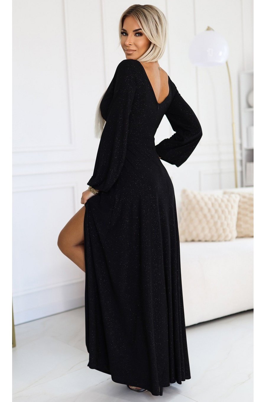 Rochie lunga neagra din brocard cu maneca lunga Roselia Rochie lunga neagra din brocard cu maneca lunga Roselia 2 - jojofashion.ro