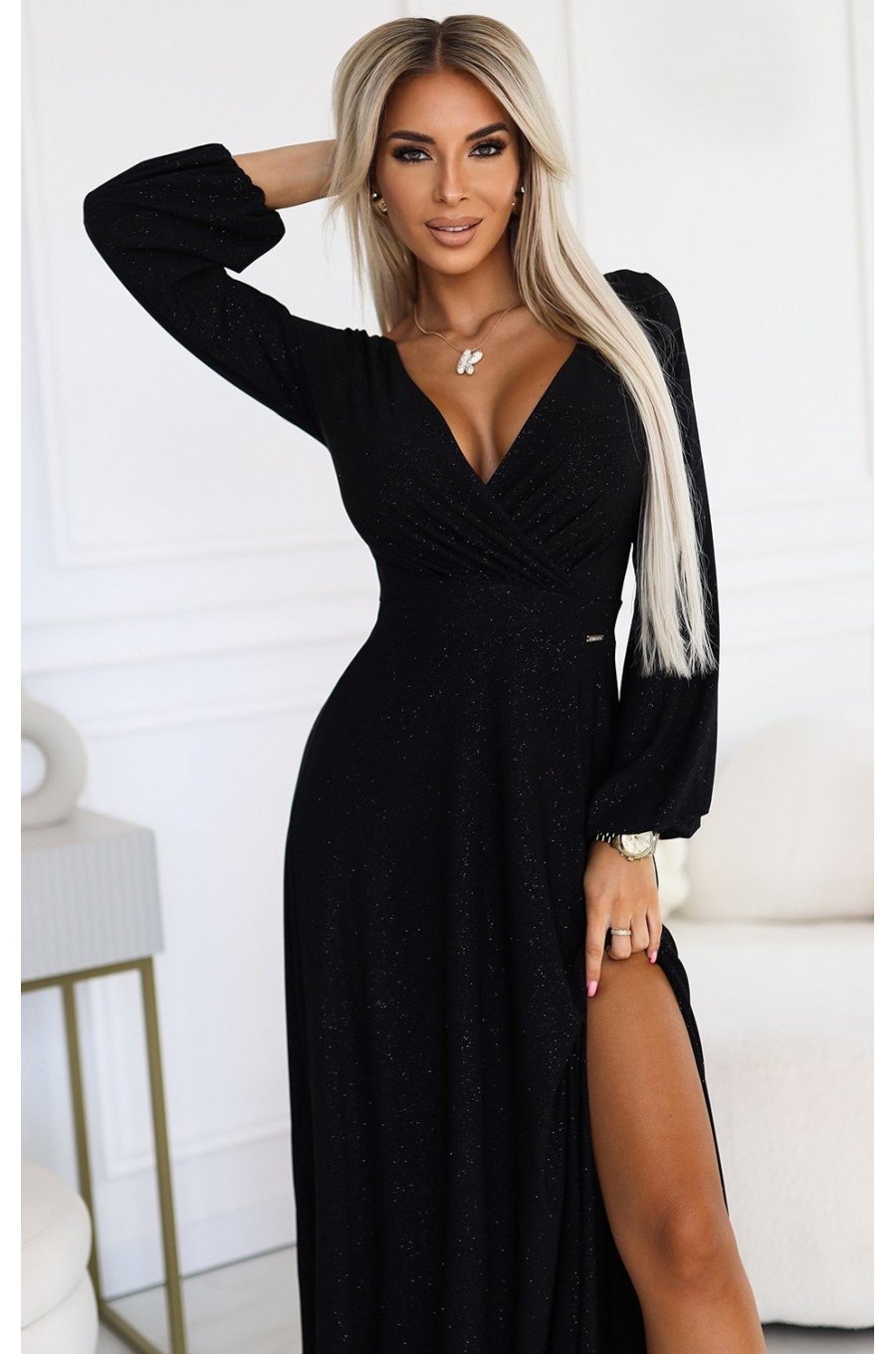 Rochie lunga neagra din brocard cu maneca lunga Roselia Rochie lunga neagra din brocard cu maneca lunga Roselia 3 - jojofashion.ro