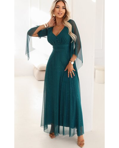Rochii de nasa, Rochie eleganta lunga din brocard verde cu maneca lunga vaporoasa SheenyN - jojofashion.ro