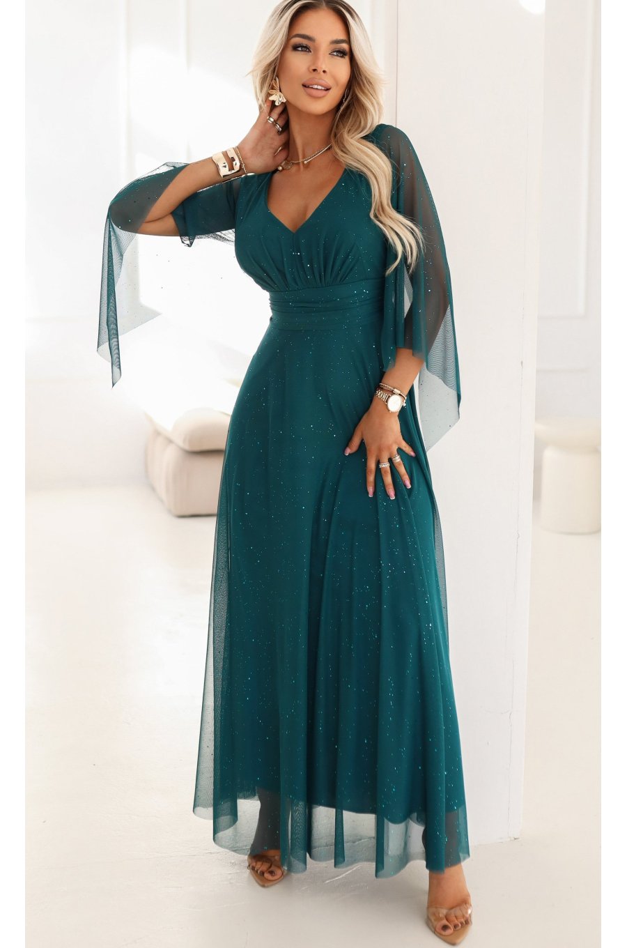 Rochie eleganta lunga din brocard verde cu maneca lunga vaporoasa SheenyN 1 - jojofashion.ro