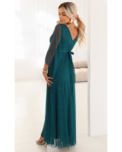 Rochii de nasa, Rochie eleganta lunga din brocard verde cu maneca lunga vaporoasa SheenyN - jojofashion.ro