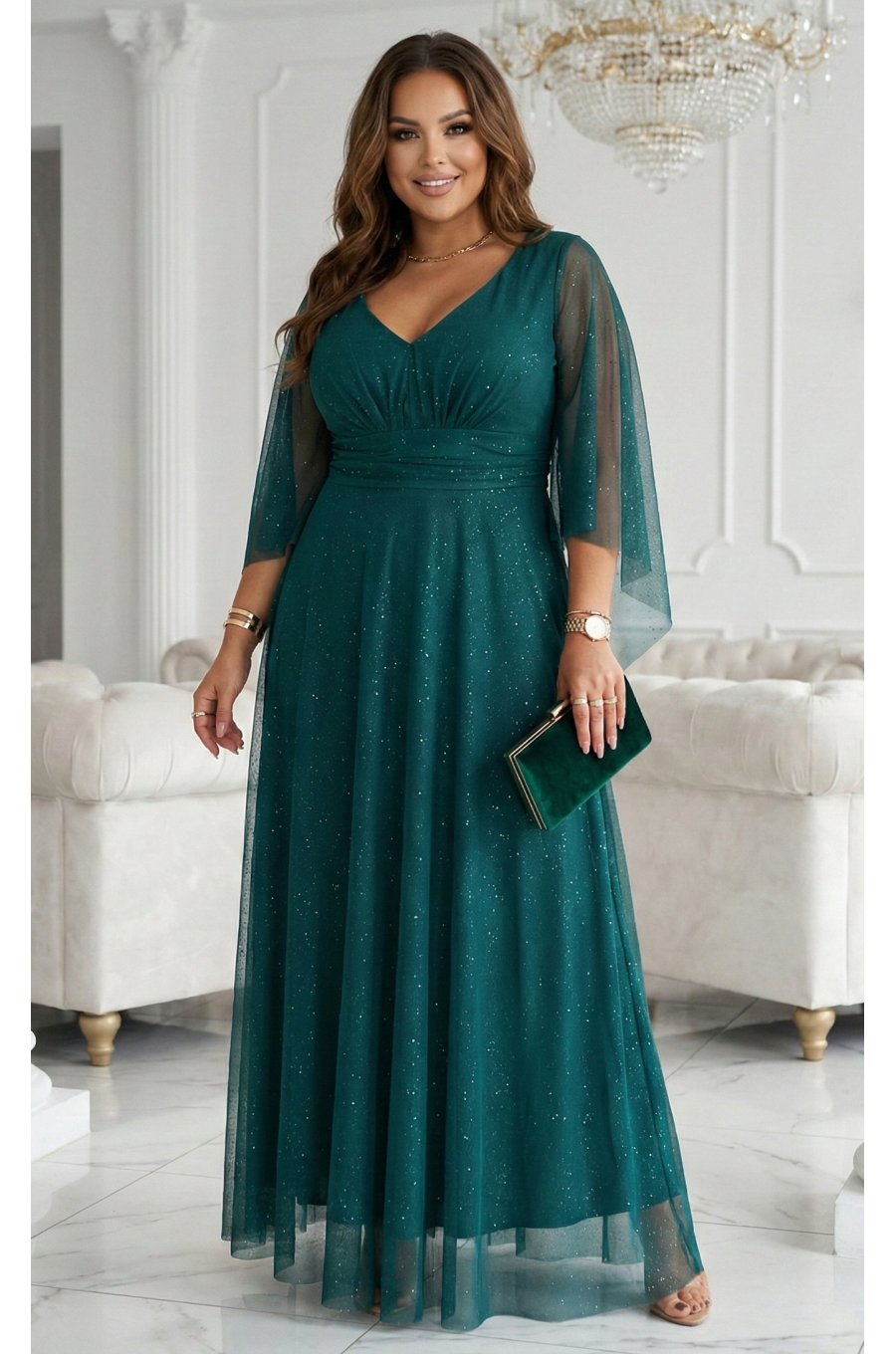 Rochie eleganta lunga din brocard verde cu maneca lunga vaporoasa SheenyN 4 - jojofashion.ro