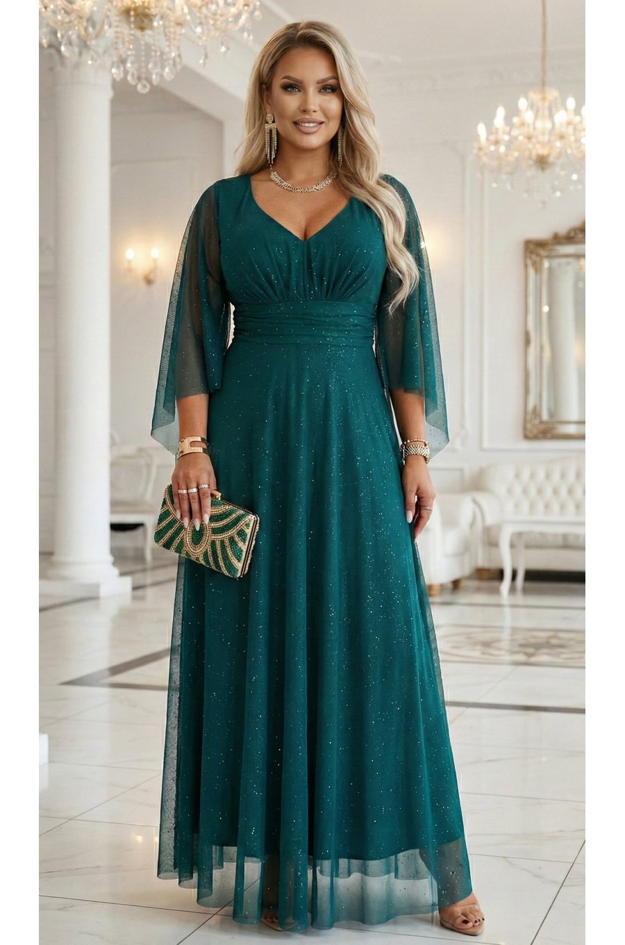 Rochie eleganta lunga din brocard verde cu maneca lunga vaporoasa SheenyN 3 - jojofashion.ro