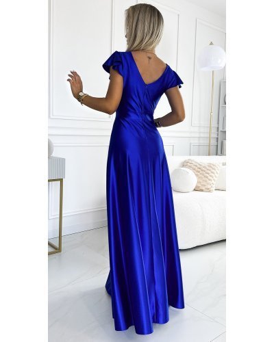 Rochie lunga din satin albastra Cristaliza Rochii lungi, Rochie lunga din satin albastra Cristaliza - jojofashion.ro