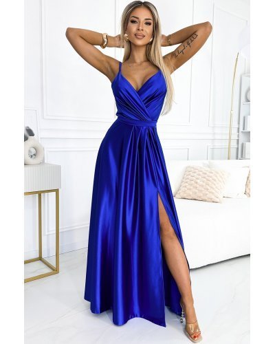 Rochie lunga din satin albastra petrecuta Juliett Rochii lungi, Rochie lunga din satin albastra petrecuta Juliett - jojofashion.ro