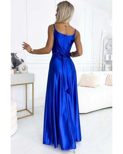 Rochie lunga din satin albastra petrecuta Juliett Rochii lungi, Rochie lunga din satin albastra petrecuta Juliett - jojofashion.ro