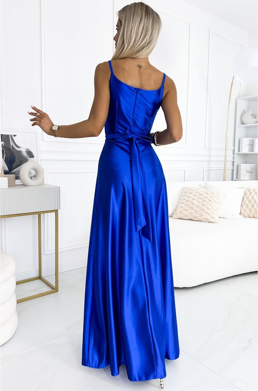 Rochie lunga din satin albastra petrecuta Juliett 2 - jojofashion.ro