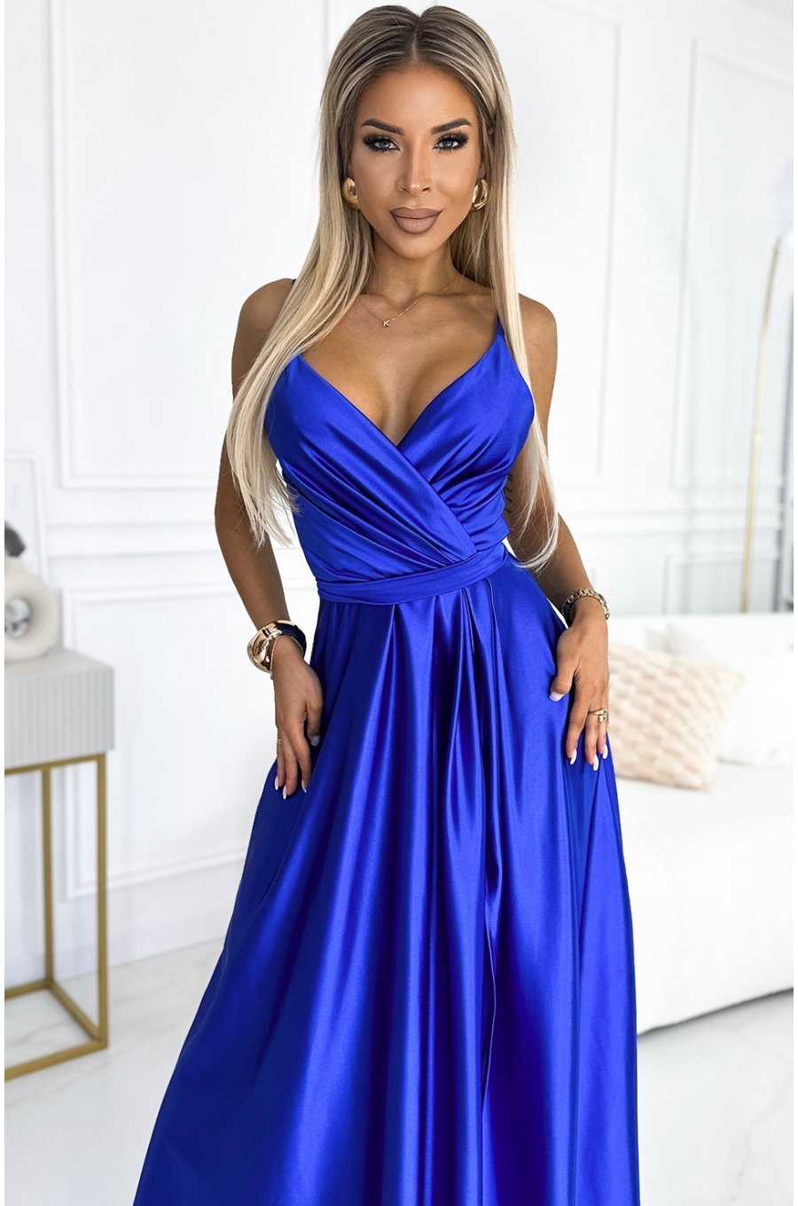 Rochie lunga din satin albastra petrecuta Juliett 3 - jojofashion.ro