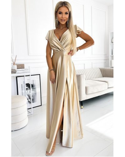 Rochie lunga din satin bej Cristaliza Rochii lungi, Rochie lunga din satin bej Cristaliza - jojofashion.ro