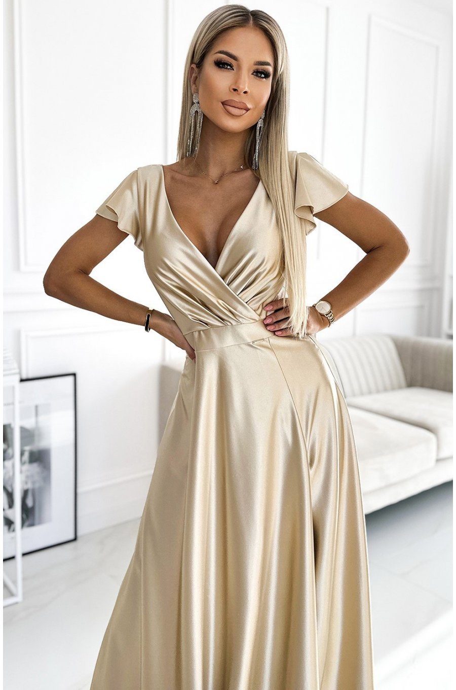 Rochie lunga din satin bej Cristaliza Rochie lunga din satin bej Cristaliza 3 - jojofashion.ro
