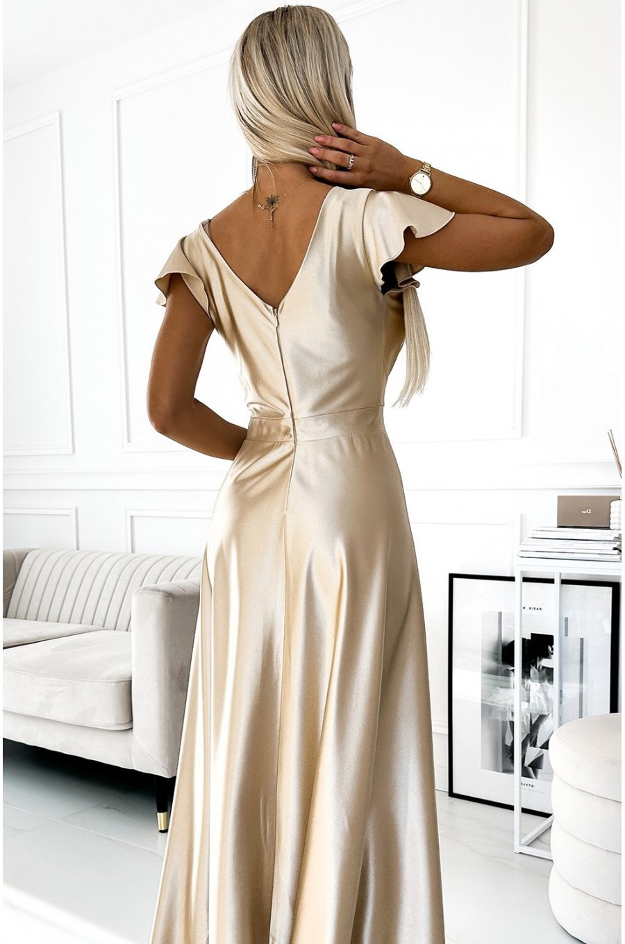 Rochie lunga din satin bej Cristaliza Rochie lunga din satin bej Cristaliza 4 - jojofashion.ro
