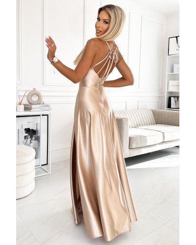 Rochie lunga din satin bej cu umerii goi Pearl Rochii, Rochie lunga din satin bej cu umerii goi Pearl - jojofashion.ro