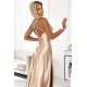 Rochie eleganta lunga, din satin, bej, cu spatele gol si umerii goi, Pearl 5 - jojofashion.ro