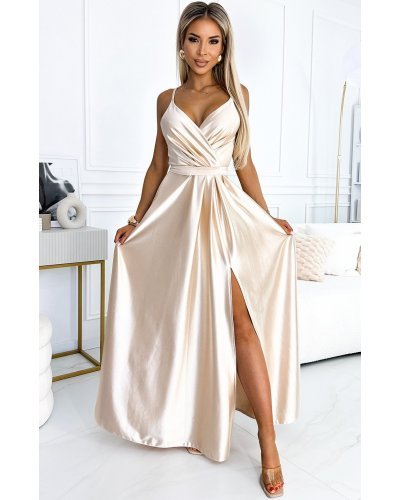 Rochie lunga din satin bej Juliett Rochii lungi, Rochie lunga din satin bej Juliett - jojofashion.ro