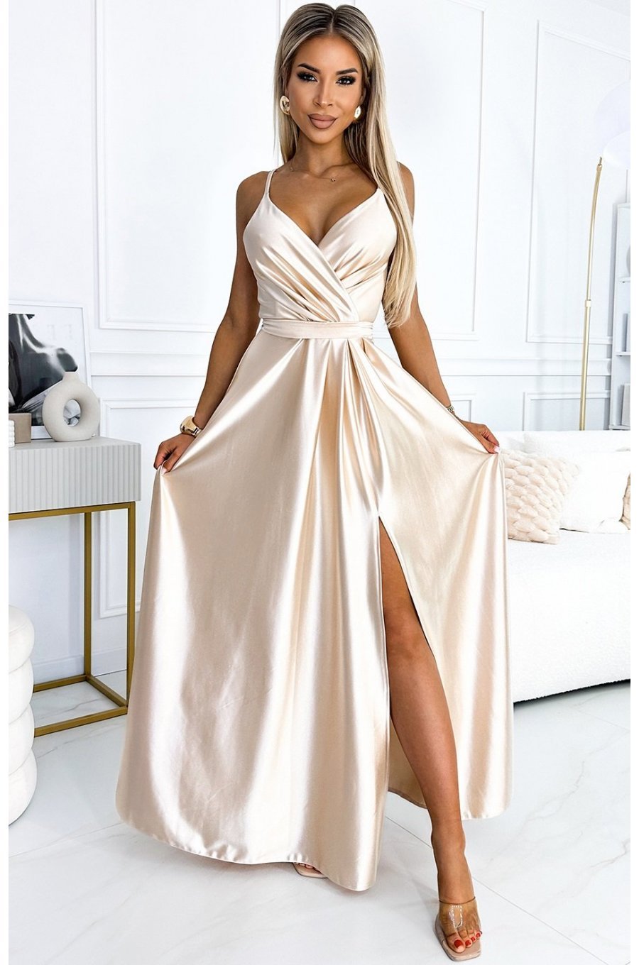 Rochie eleganta lunga, din satin, bej, petrecuta, crapata pe picior, Juliett 1 - jojofashion.ro