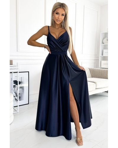 Rochie lunga din satin bleumarin Juliett Rochii lungi, Rochie lunga din satin bleumarin Juliett - jojofashion.ro