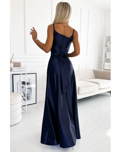 Rochie lunga din satin bleumarin Juliett Rochii lungi, Rochie lunga din satin bleumarin Juliett - jojofashion.ro