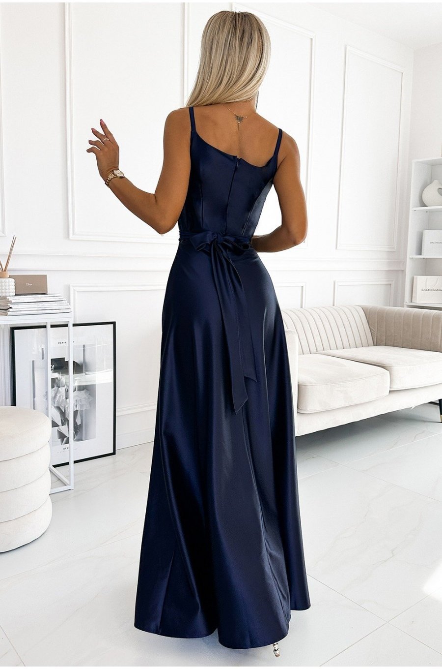 Rochie lunga din satin bleumarin Juliett 2 - jojofashion.ro