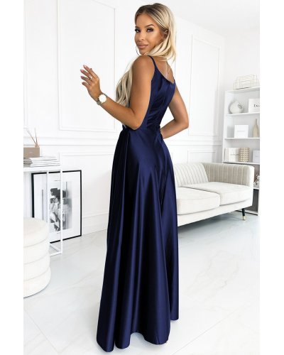 Rochie lunga eleganta din satin bleumarin vaporoasa petrecuta Scarlett Rochii de nasa, Rochie lunga eleganta din satin bleumarin vaporoasa petrecuta Scarlett - jojofashion.ro