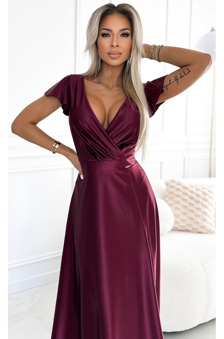 Rochie lunga din satin burgundy Cristaliza Rochie lunga din satin burgundy Cristaliza 3 - jojofashion.ro