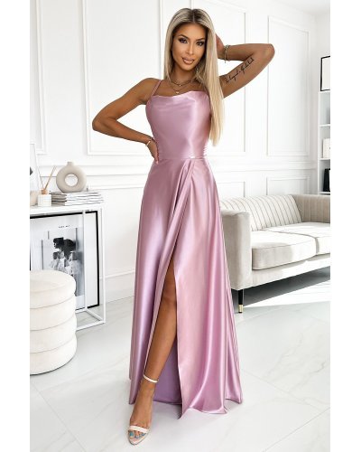 Rochie lunga din satin roz prafuit cu umerii goi Pearl Rochii de nasa, Rochie lunga din satin roz prafuit cu umerii goi Pearl - jojofashion.ro