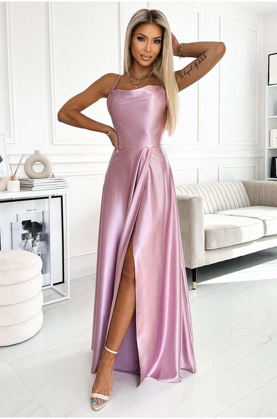 Rochie eleganta lunga, din satin, roz prafuit, cu spatele gol si umerii goi, Pearl 1 - jojofashion.ro