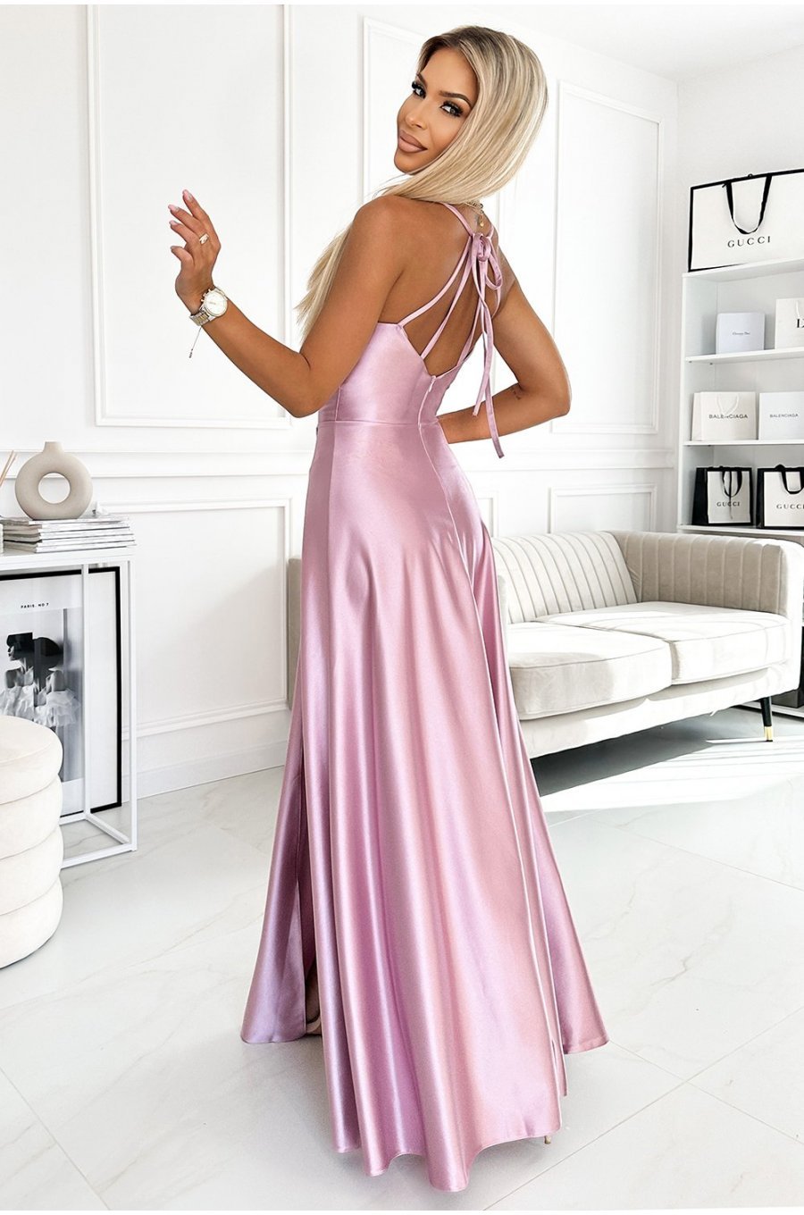 Rochie eleganta lunga, din satin, roz prafuit, cu spatele gol si umerii goi, Pearl 2 - jojofashion.ro