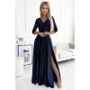 Rochie eleganta lunga din satin si dantela bleumarin cu maneca trei sferturi Allegria