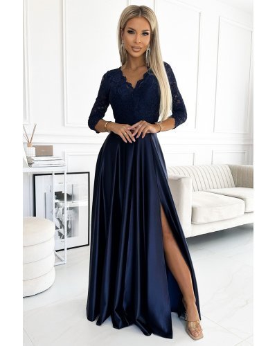 Rochie eleganta lunga din satin si dantela bleumarin cu maneca trei sferturi Allegria Rochii de Ocazie Elegante, Rochie eleganta lunga din satin si dantela bleumarin cu maneca trei sferturi Allegria - jojofashion.ro