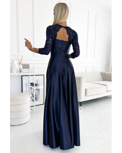 Rochie eleganta lunga din satin si dantela bleumarin cu maneca trei sferturi Allegria Rochii de Ocazie Elegante, Rochie eleganta lunga din satin si dantela bleumarin cu maneca trei sferturi Allegria - jojofashion.ro