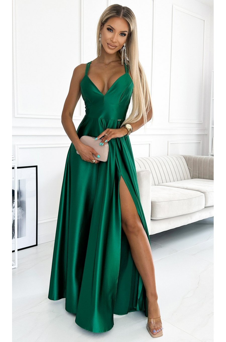 Rochie lunga din satin verde Yessenia 1 - jojofashion.ro