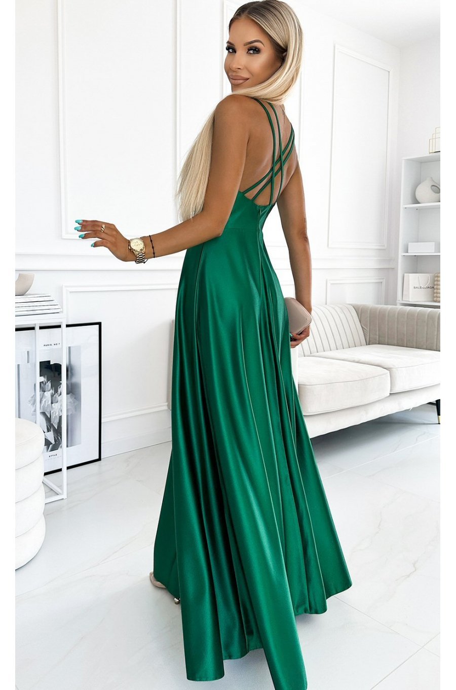 Rochie lunga din satin verde Yessenia 2 - jojofashion.ro