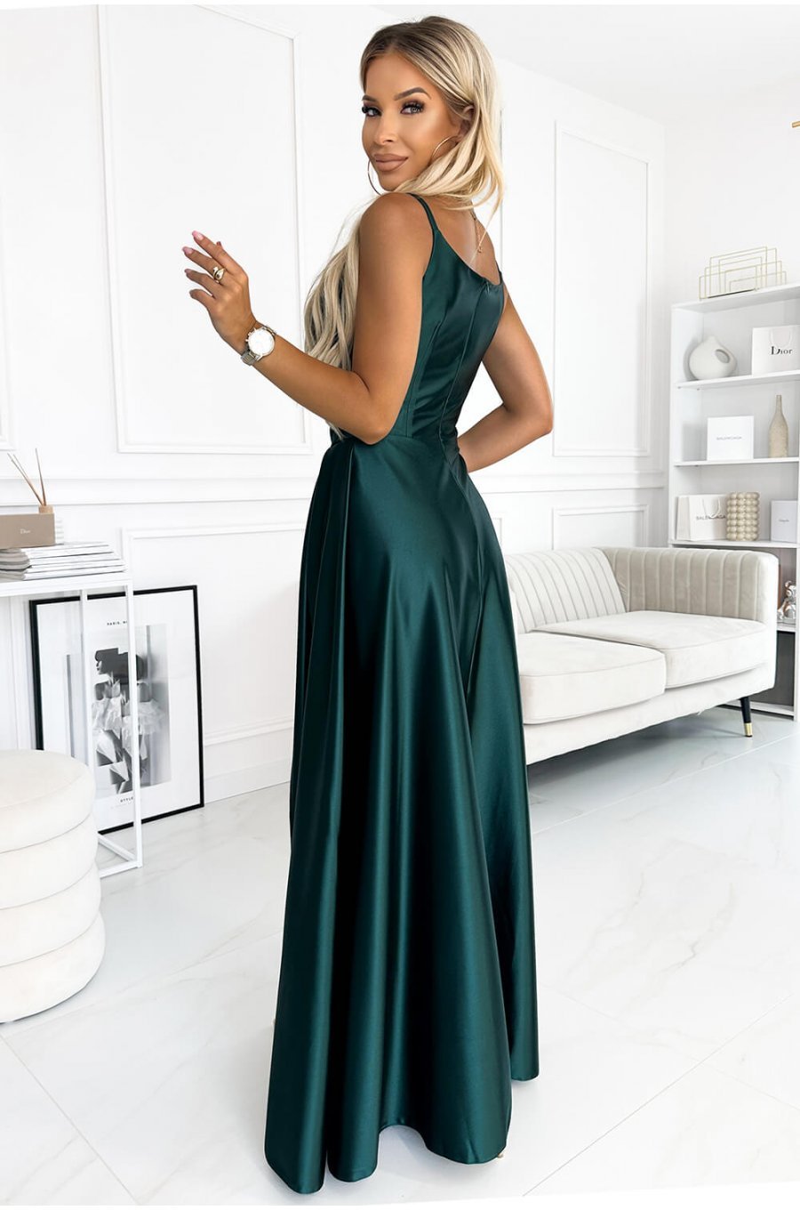 Rochie de ocazie lunga, din satin, verde smarald, petrecuta, Scarlett 2 - jojofashion.ro