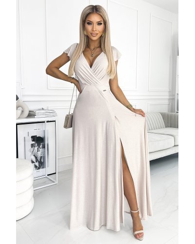 Rochie lunga din glitter bej Cristaliza Rochii vaporoase, Rochie lunga din glitter bej Cristaliza - jojofashion.ro