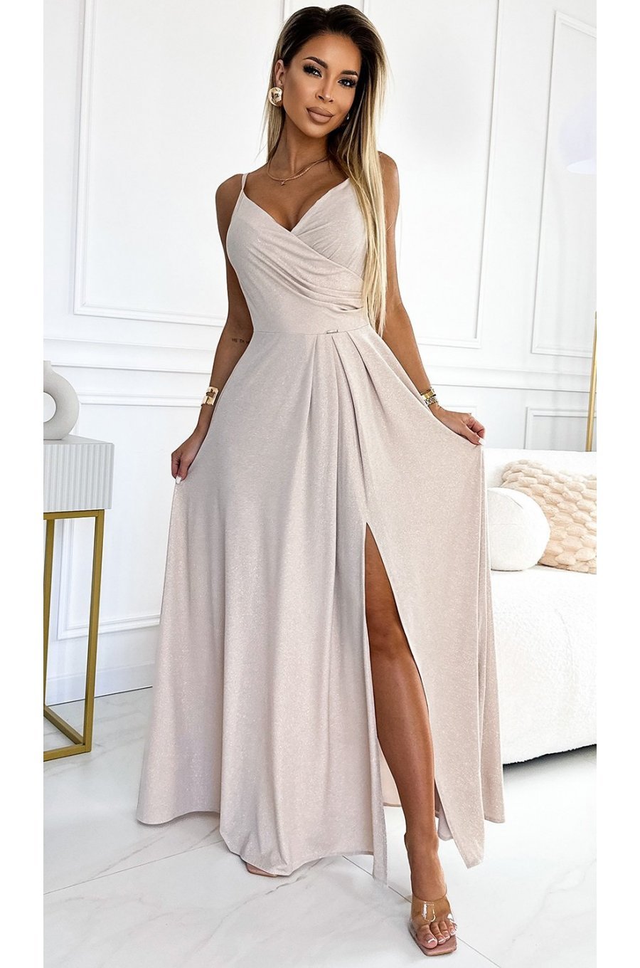 Rochie eleganta lunga din glitter bej Scarlett 1 - jojofashion.ro