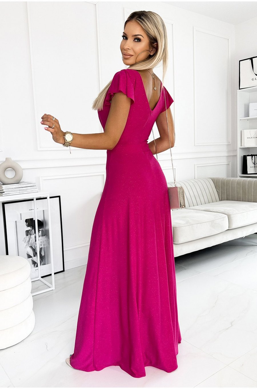 Rochie lunga din glitter roz fucsia Cristaliza Rochie lunga din glitter roz fucsia Cristaliza 2 - jojofashion.ro