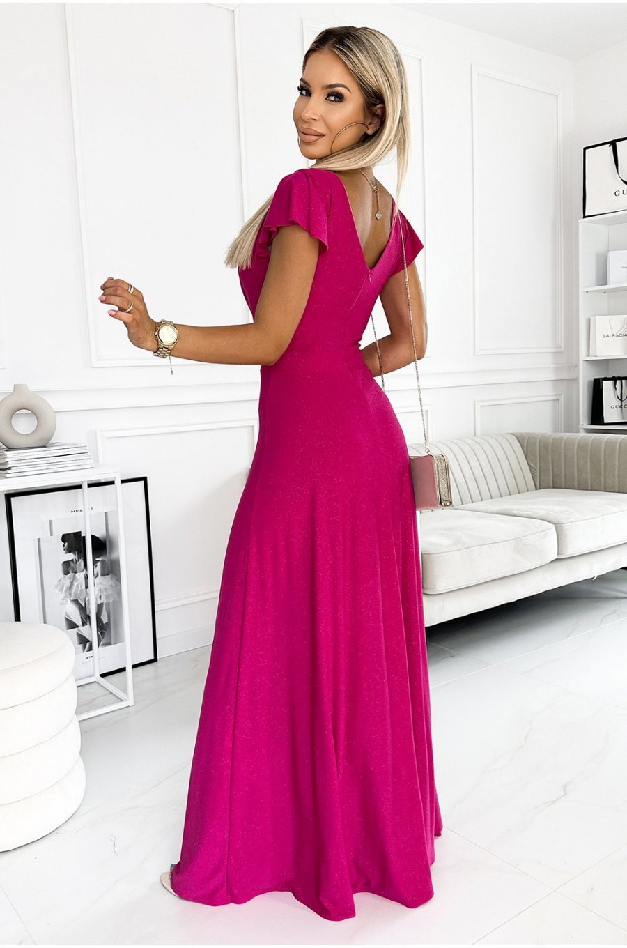 Rochie eleganta lunga, glitter roz fucsia, crapata pe picior, Cristaliza 2 - jojofashion.ro