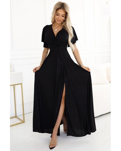 Rochie eleganta lunga neagra din brocard petrecuta Kasandra Rochii lungi, Rochie eleganta lunga neagra din brocard petrecuta Kasandra - jojofashion.ro